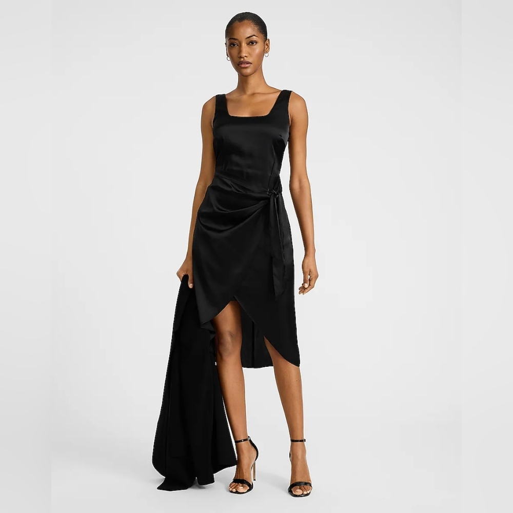 EXPRESS Elegant Black Sleeveless Satin Wrap Dress
